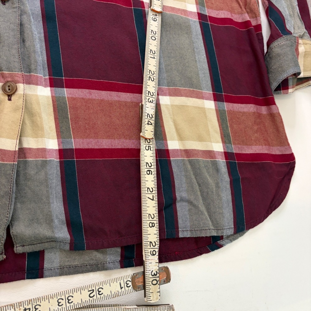 Eddie Bauer Plaid Shirt Women XL Burgundy Tan Band Collar Rayon Long Sleeve - Picture 6 of 7